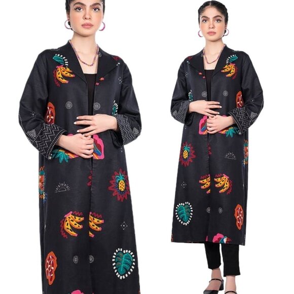 Handmade Jackets & Blazers - Tropical jungle printed open front casual long jacket with lapel women Small